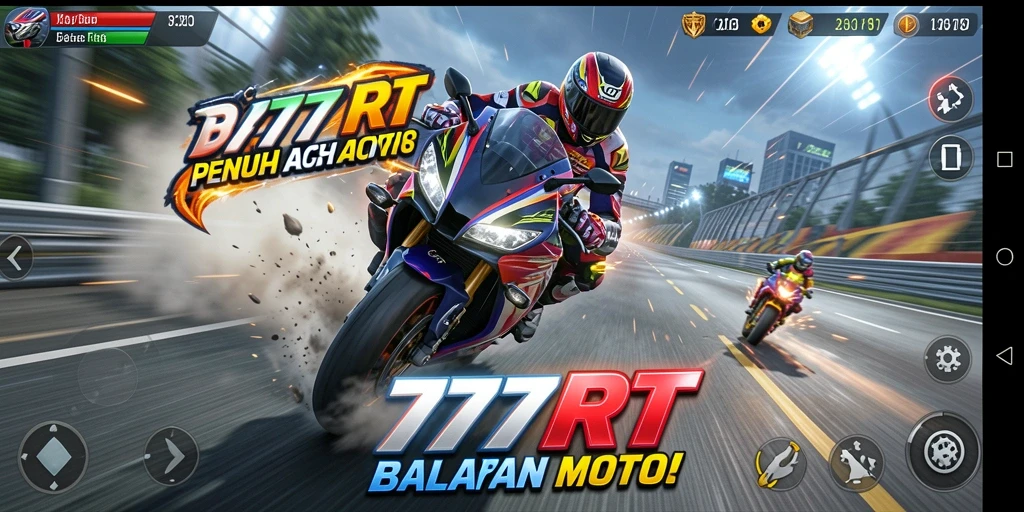 Screenshot 777RT menampilkan aksi balap motor yang mendebarkan.